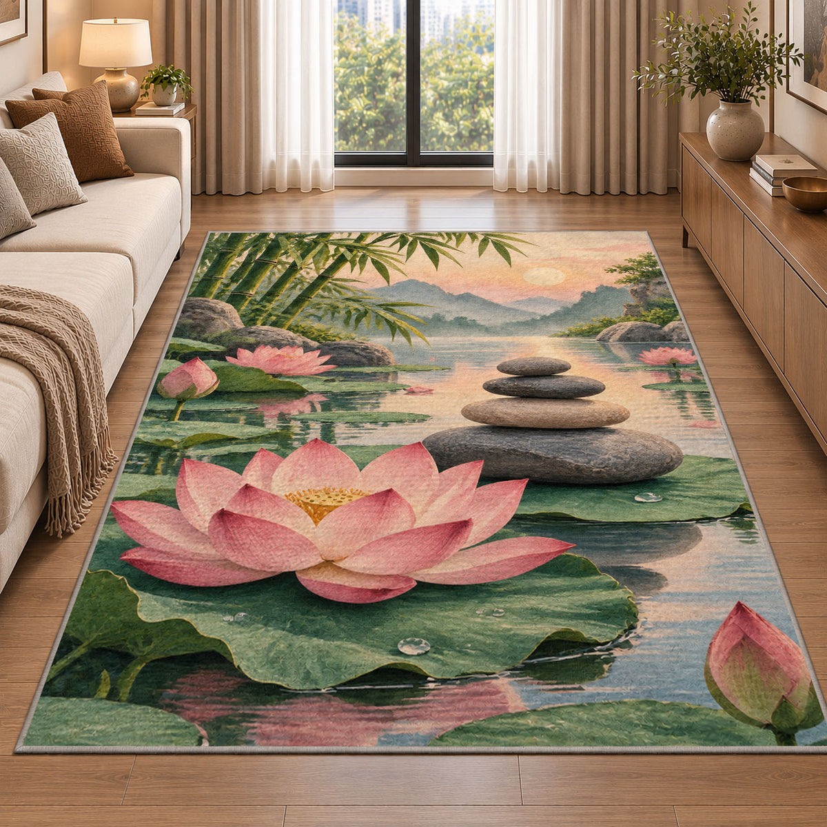 zen stones and lotus rug in a bright living room with a sofa
