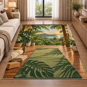tropical yoga deck rug in a bright living room with a sofa