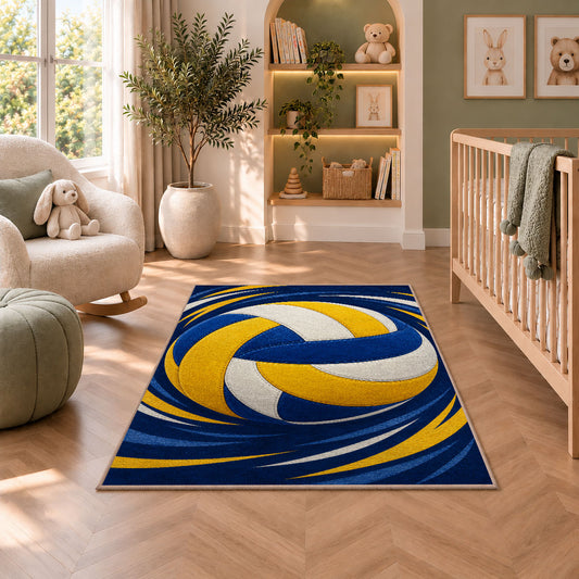 Swirling Volleyball Rug in a nursery with a crib and armchair