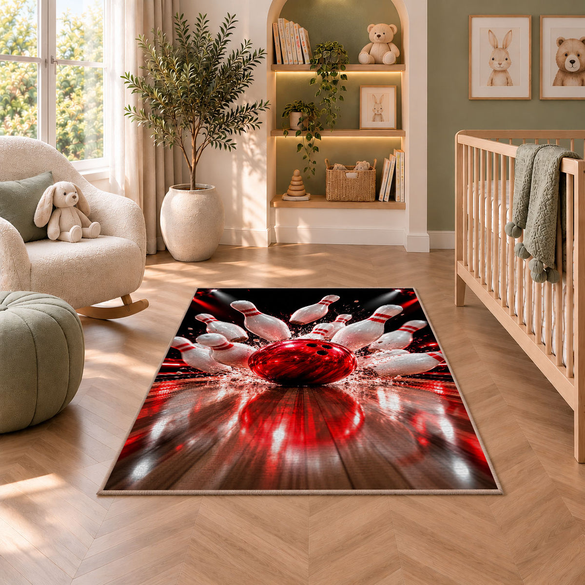 Bowling Strike Rug in a nursery with a crib and armchair