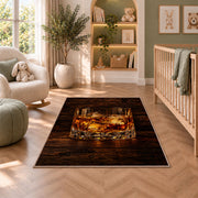 Whiskey on the Rocks Rug in a nursery with a crib and armchair