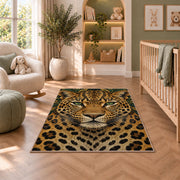 Leopard Face Close-Up Rug in a nursery with a crib and armchair