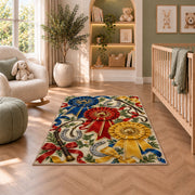 Horse Show Rosette Ribbons Rug in a nursery with a crib and armchair