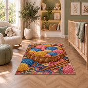 Basket of Yarn Rug in a nursery with a crib and armchair