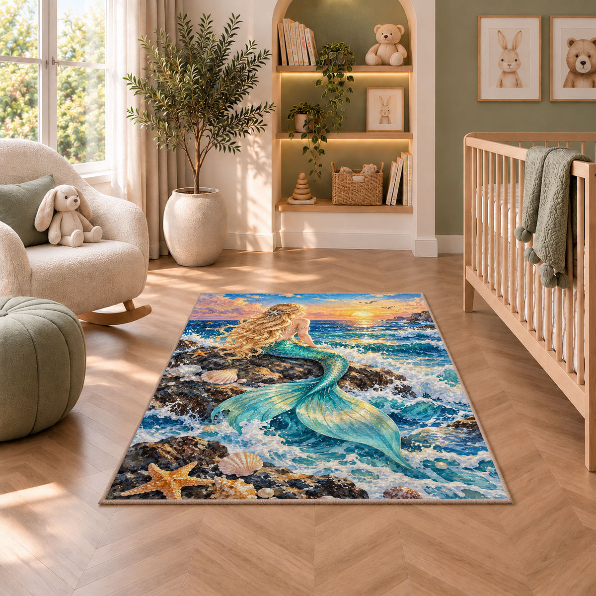Mermaid on the Rock Rug in a nursery with a crib and armchair