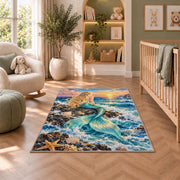 Mermaid on the Rock Rug in a nursery with a crib and armchair