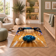 Bowling Lane Perspective Rug in a nursery with a crib and armchair