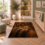 Oak Barrel and Whiskey Rug in a nursery with a crib and armchair