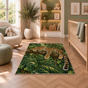 Leopard Resting on Tree Branch Rug in a nursery with a crib and armchair