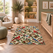 Backyard Birds Pattern Rug in a nursery with a crib and armchair