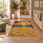 Beach Volleyball Sunset Rug in a nursery with a crib and armchair