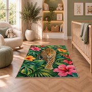Leopard in Tropical Leaves Rug in a nursery with a crib and armchair