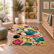 Retro 50s Bowling Rug in a nursery with a crib and armchair