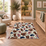 Equestrian Gear Pattern Rug in a nursery with a crib and armchair