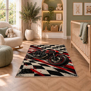 Racing Motorcycle Checkered Rug in a nursery with a crib and armchair