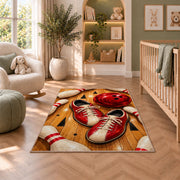 Bowling Shoes Rug in a nursery with a crib and armchair