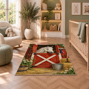 Red Barn Door Horse Rug in a nursery with a crib and armchair