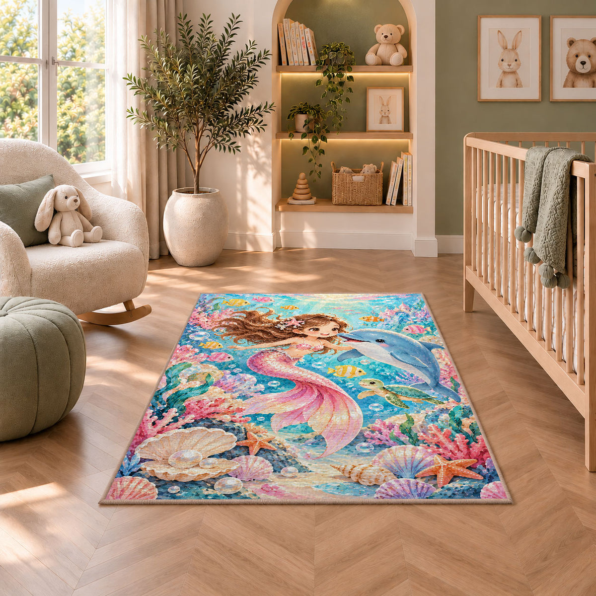 Baby Mermaid and Dolphin Nursery Rug in a nursery with a crib and armchair