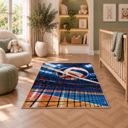 Volleyball Hitting Net Rug in a nursery with a crib and armchair