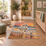 White Horse on Beach Rug in a nursery with a crib and armchair