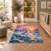 Mermaid Tail at Sunset Rug in a nursery with a crib and armchair