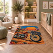 Chopper on Desert Highway Rug in a nursery with a crib and armchair