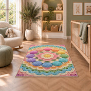 Circle of Yarn Balls Rug in a nursery with a crib and armchair