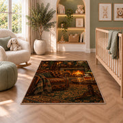 Man Cave Fireplace Rug in a nursery with a crib and armchair