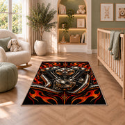 V-Twin Engine Flames Rug in a nursery with a crib and armchair