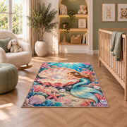 Pearl Shell and Mermaid Rug in a nursery with a crib and armchair