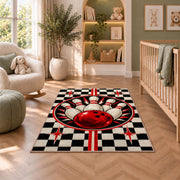 Checkered Bowling Rug in a nursery with a crib and armchair