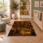 Stacked Barrels Cellar Rug in a nursery with a crib and armchair
