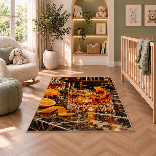 Old Fashioned Cocktail Rug in a nursery with a crib and armchair