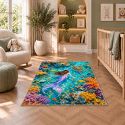 Coral Reef Mermaid Top View Rug in a nursery with a crib and armchair
