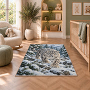 Snow Leopard in Pine Forest Rug in a nursery with a crib and armchair