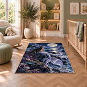 Mermaid Under the Moon Rug in a nursery with a crib and armchair