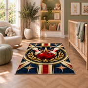 Classic Bowling Crest Rug in a nursery with a crib and armchair