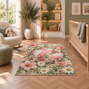 Volleyball and Wildflowers Rug in a nursery with a crib and armchair