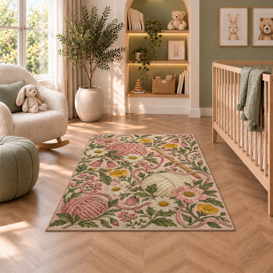 Cottagecore Yarn and Flowers Rug in a nursery with a crib and armchair