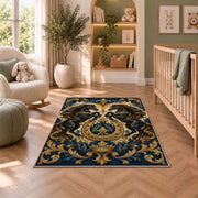 Heraldic Rearing Horses Rug in a nursery with a crib and armchair