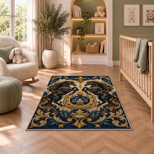 Heraldic Rearing Horses Rug in a nursery with a crib and armchair
