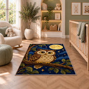Owl and Full Moon Rug in a nursery with a crib and armchair