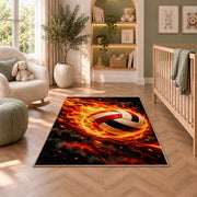 Flaming Volleyball Rug in a nursery with a crib and armchair