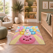 Cute Cartoon Bowling Pins Rug in a nursery with a crib and armchair