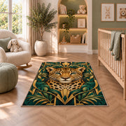 Art Deco Leopard Rug in a nursery with a crib and armchair