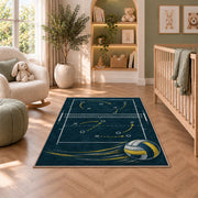 Volleyball Chalkboard Play Rug in a nursery with a crib and armchair