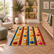 Bowling Alley Top View Rug in a nursery with a crib and armchair