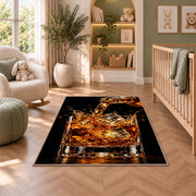 Pouring Whiskey Rug in a nursery with a crib and armchair