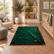 Billiards and Whiskey Rug in a nursery with a crib and armchair