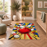 Pop Art Bowling Rug in a nursery with a crib and armchair